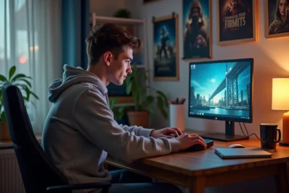 Jeune homme concentré sur son ordinateur dans une chambre gaming