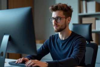 Jeune homme concentré travaillant sur un ordinateur moderne dans un bureau