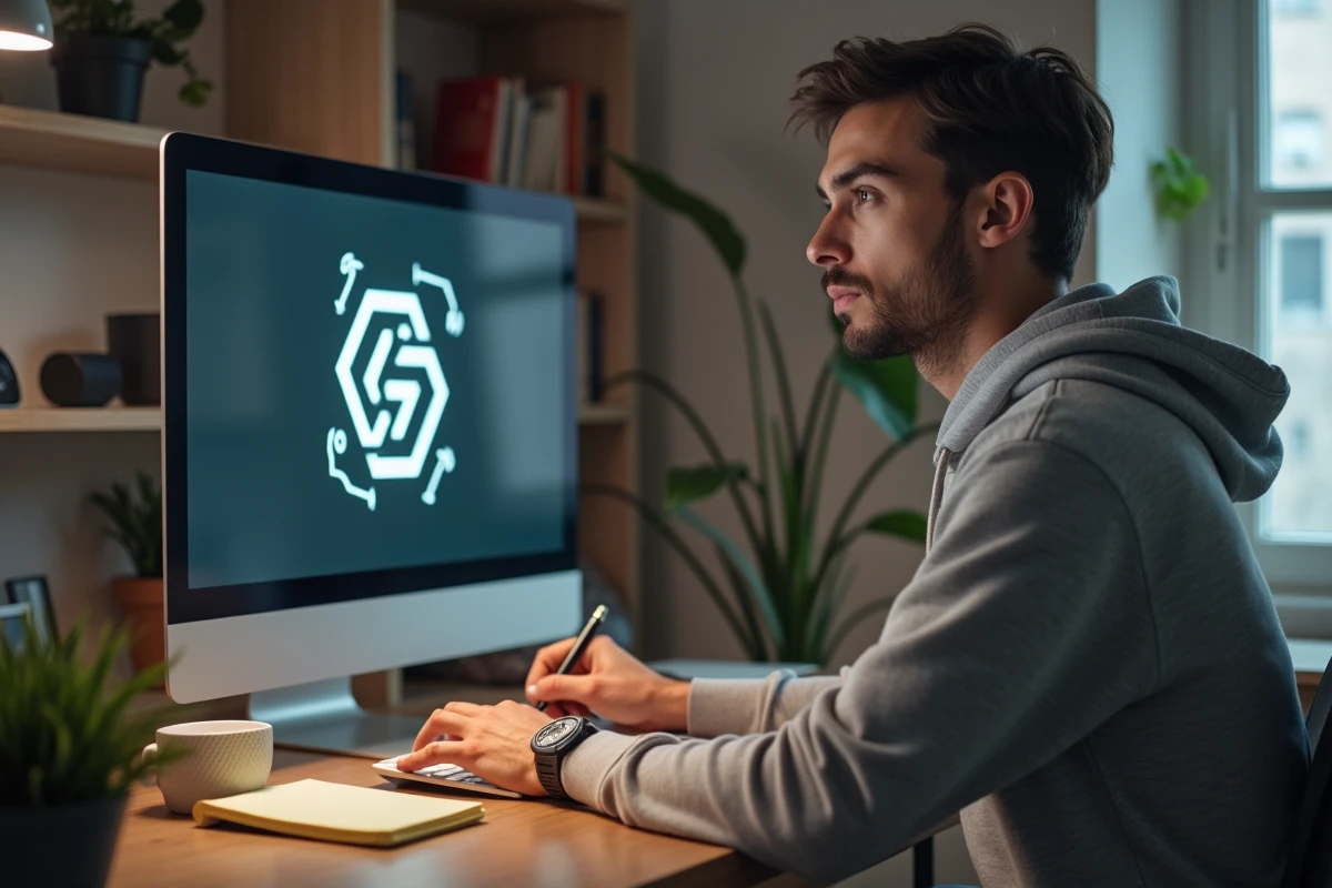 Jeune homme pensif devant un ordinateur avec logo abstrait