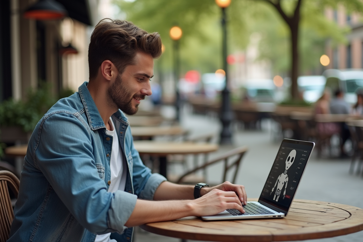 Jeune homme travaillant sur un ordinateur dans un café urbain