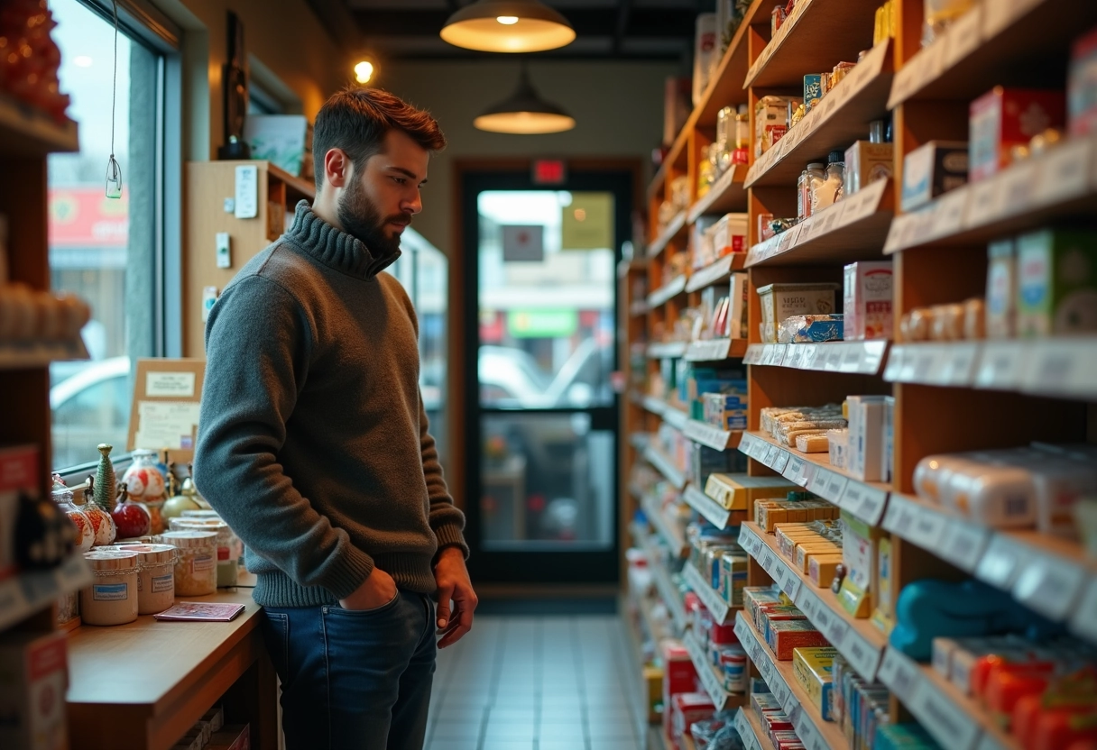 Jeune homme dans une épicerie de quartier en hiver
