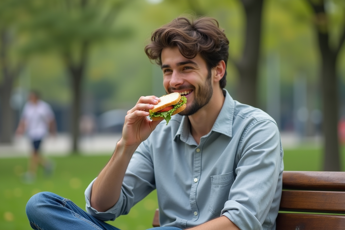 Jeune homme dans un parc profitant d un sandwich en plein air