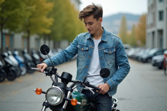 Jeune homme examine une moto Dax d'occasion en extérieur
