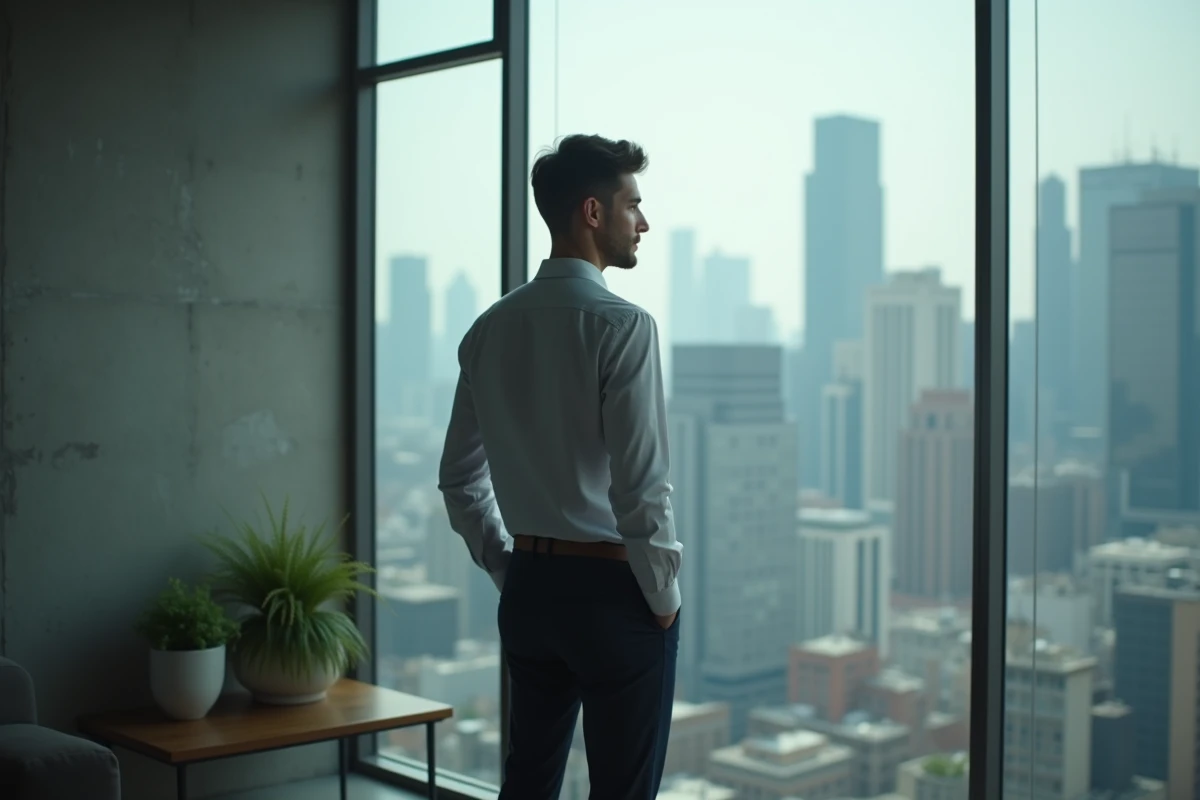 Jeune homme regardant la ville depuis une fenêtre