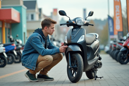Jeune homme examine un scooter 50 cc en concession
