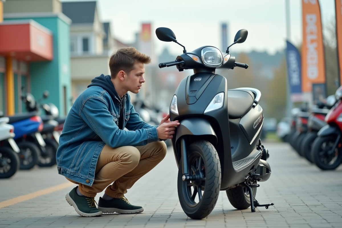 Jeune homme examine un scooter 50 cc en concession