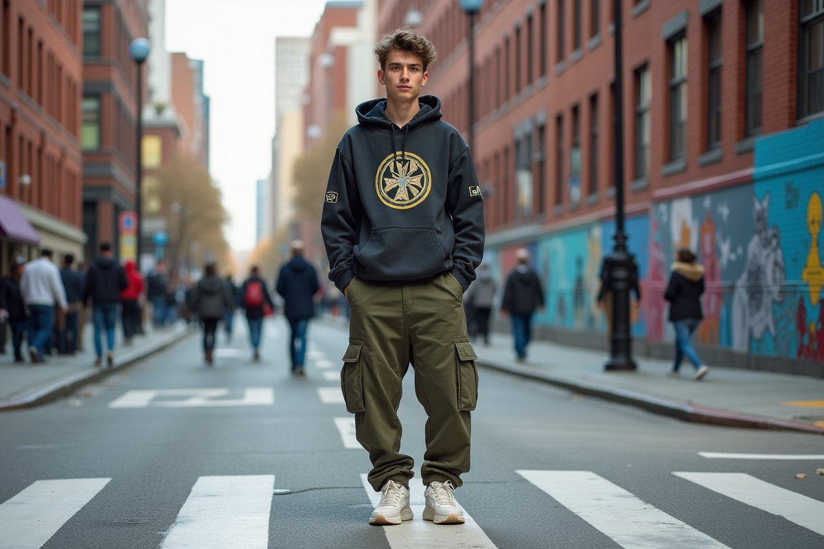 Jeune homme en streetwear urbain dans la ville