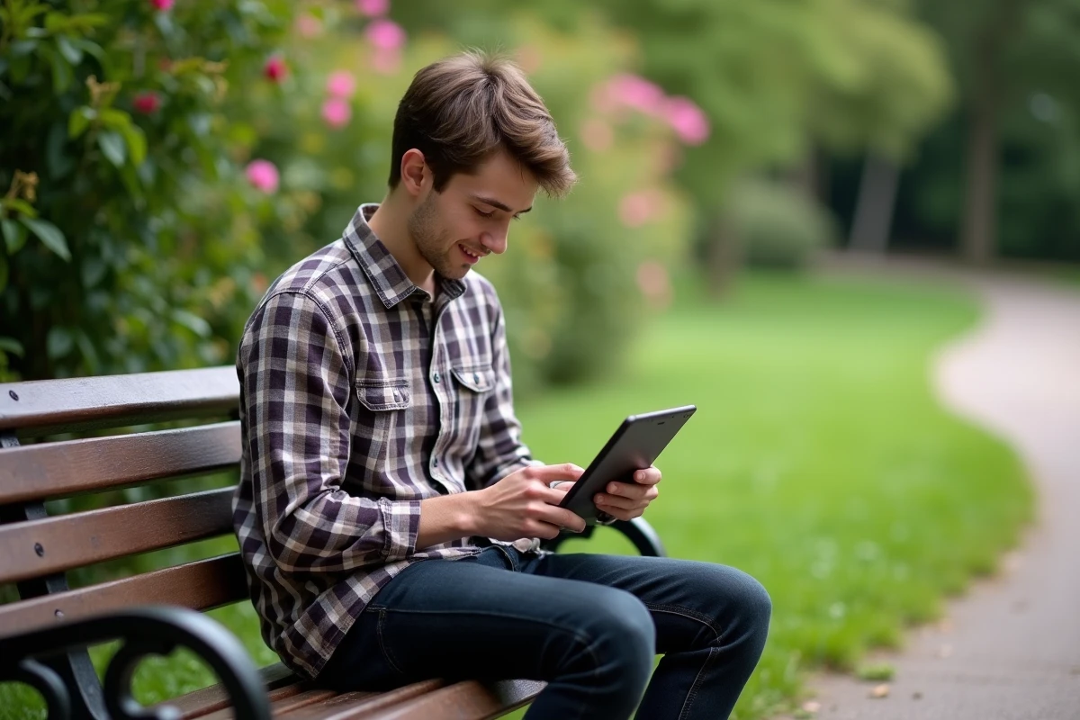 Jeune homme jouant à un jeu sur tablette dans un parc