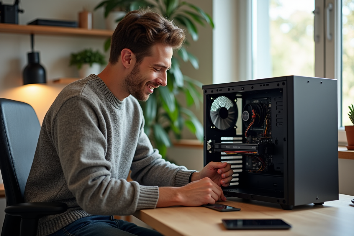 Jeune homme installant un SSD dans un PC de bureau