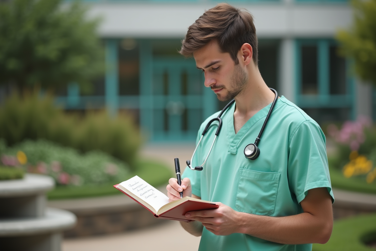 Jeune infirmier écrivant dans un journal en jardin hospitalier