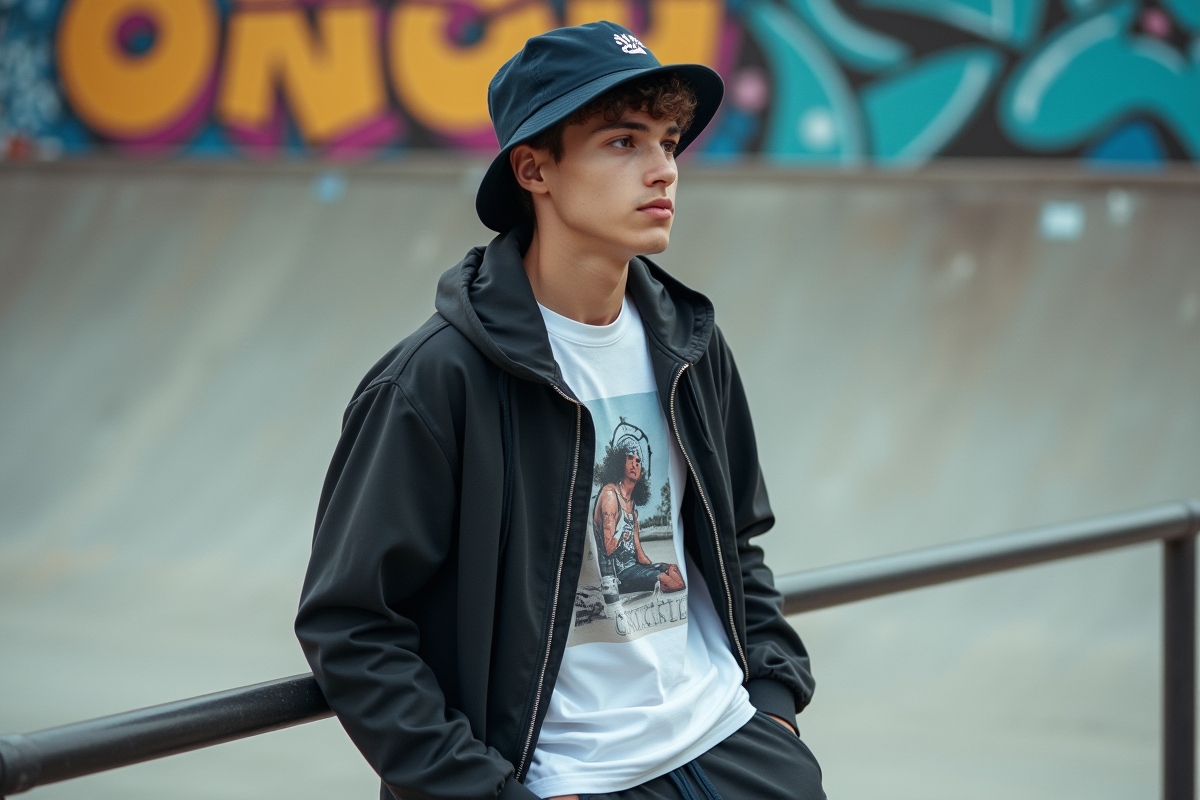Jeune homme dans un skatepark urbain en style vintage