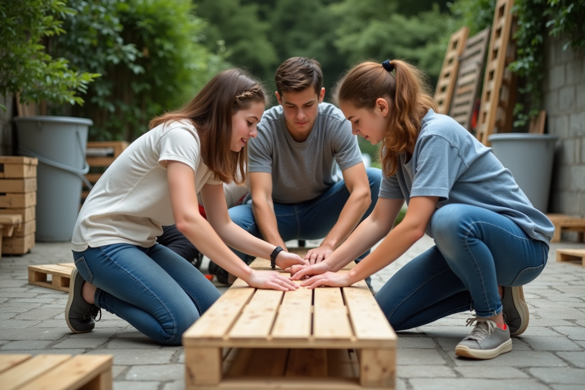 Jeunes assemblant mobilier recyclé en extérieur