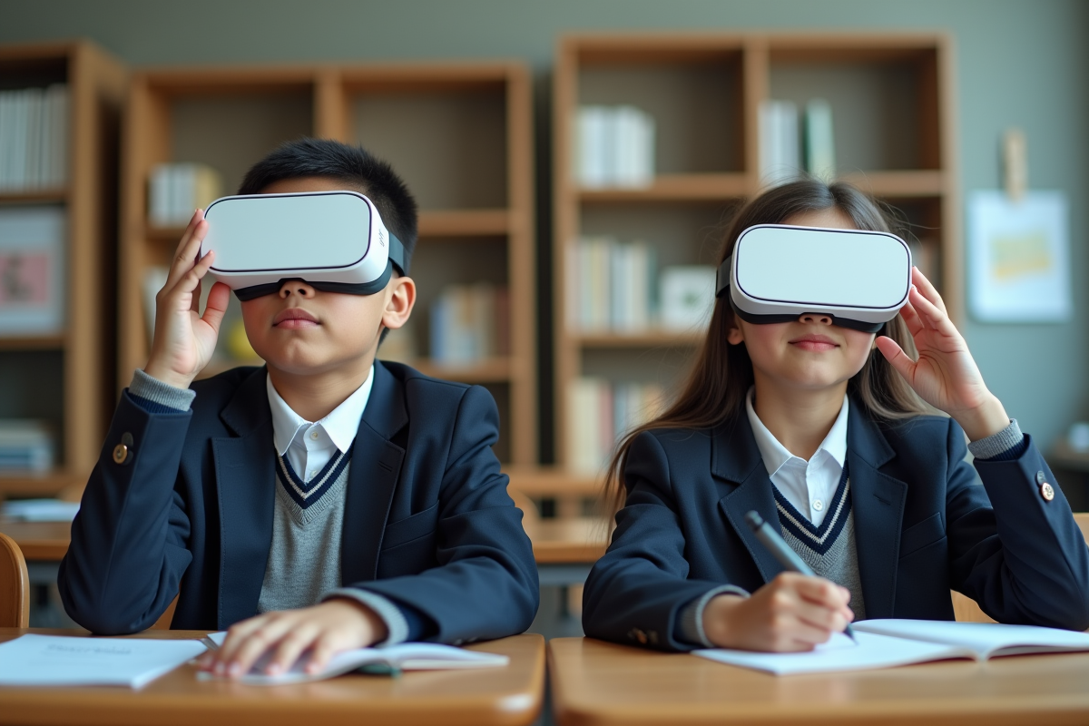 Adolescents en classe avec casques VR dans un environnement moderne