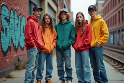 Groupe de jeunes dans la rue des années 1980 avec style urbain