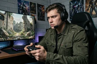 Joueur immergé dans Gears of War E-Day avec manette en main devant un écran affichant un univers post-apocalyptique