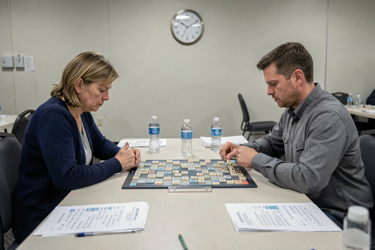 Deux joueurs adultes concentrés face à face lors d'une partie de Scrabble en tournoi officiel homologué ACE