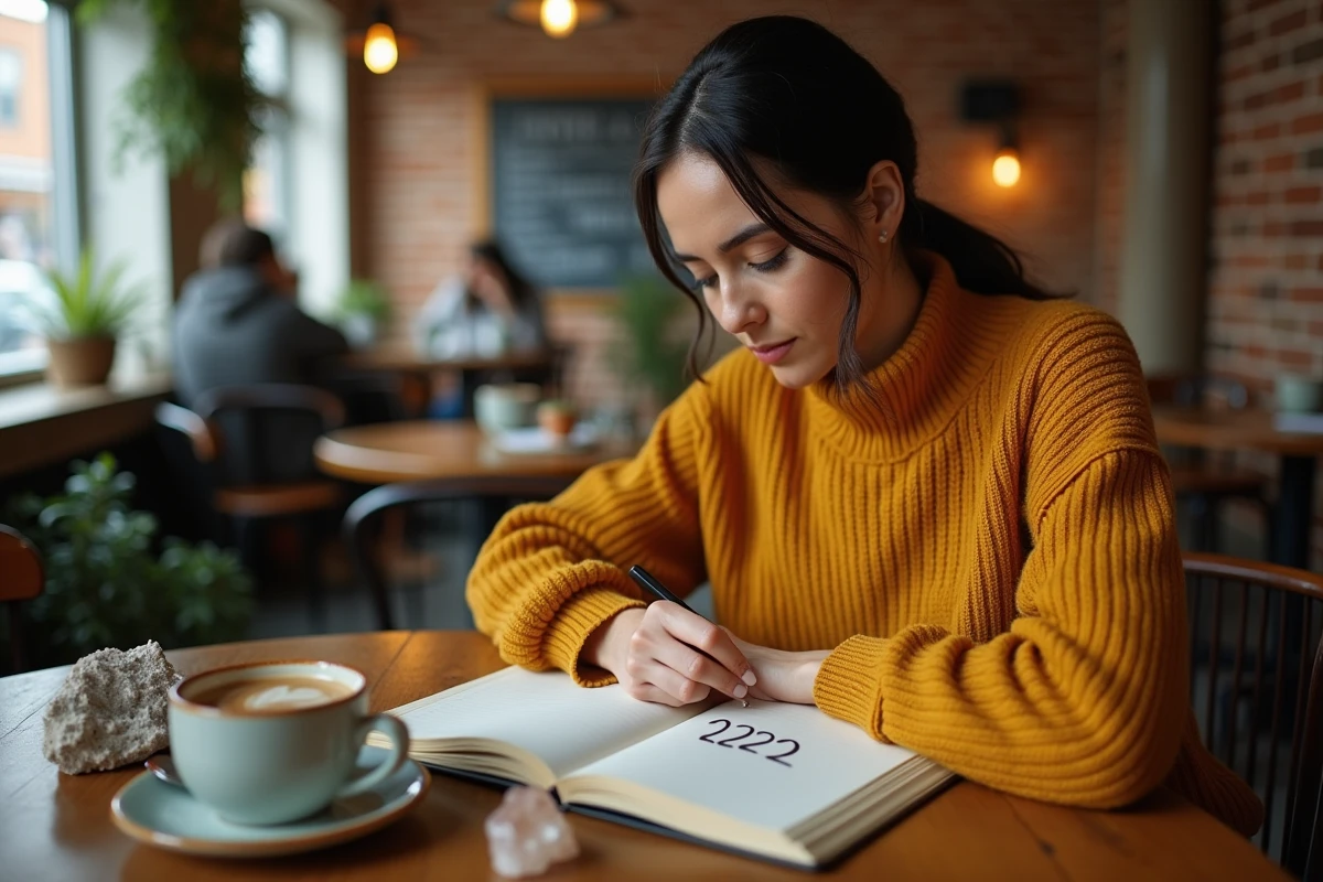 Femme écrivant le nombre 2222 dans un journal spirituel dans un café chaleureux, explorant la signification des anges numériques et la loi de l'attraction pour les flammes jumelles