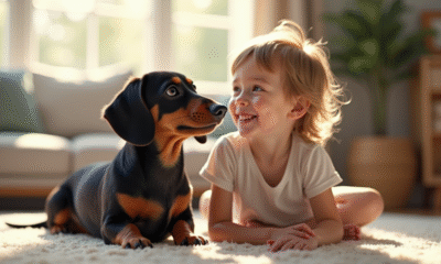 Kaninchen dachshund et enfant souriant dans un salon lumineux