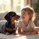 Kaninchen dachshund et enfant souriant dans un salon lumineux