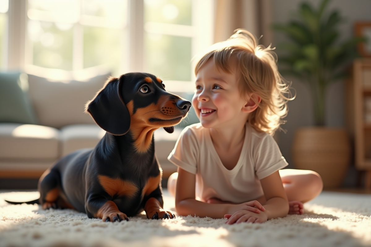 Kaninchen dachshund et enfant souriant dans un salon lumineux