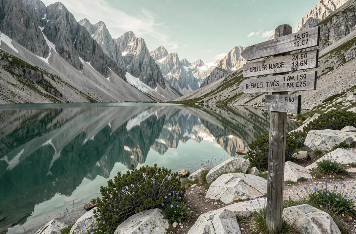 Lac glaciaire turquoise en haute montagne française avec reflet des sommets et signalisation de randonnée