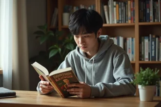 Jeune homme lisant un manga shonen dans sa chambre entourée de collections de mangas sur des étagères en bois