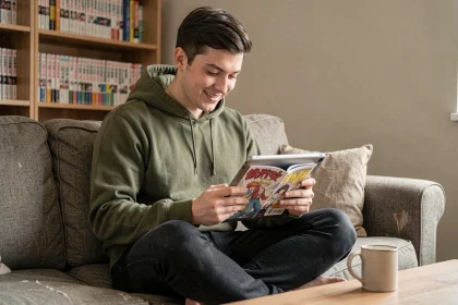 Jeune homme lisant One Piece sur tablette dans un salon cosy sans publicité intrusive