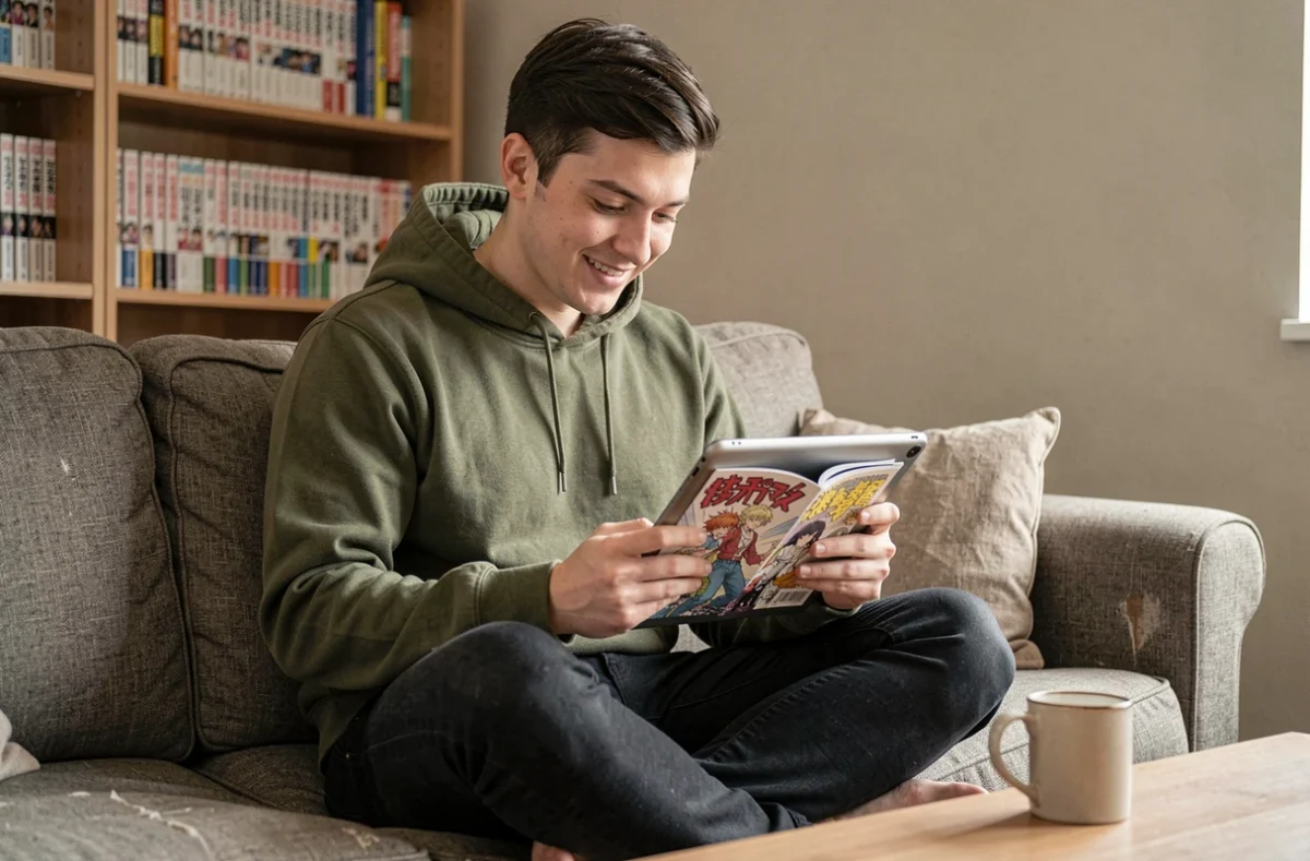 Jeune homme lisant One Piece sur tablette dans un salon cosy sans publicité intrusive