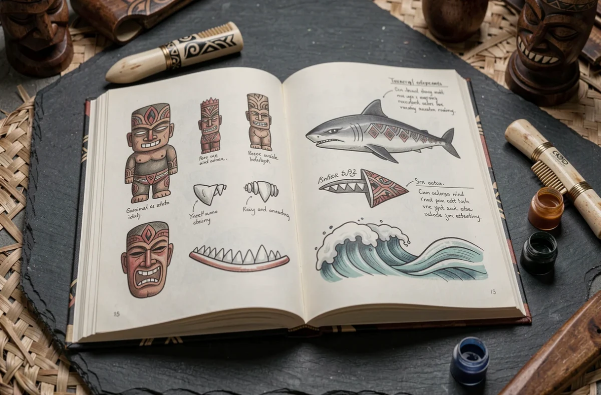 Livre ouvert sur les symboles du tatouage polynésien avec outils traditionnels en vue aérienne