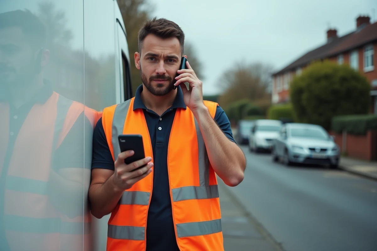 Livreur Amazon passant un appel téléphonique depuis son véhicule de livraison dans une rue résidentielle