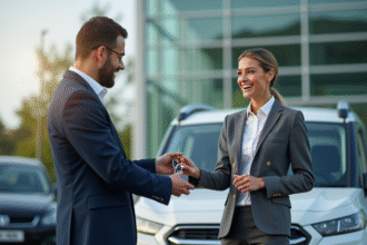 Employé souriant recevant les clés d'une voiture d'entreprise devant un bâtiment moderne