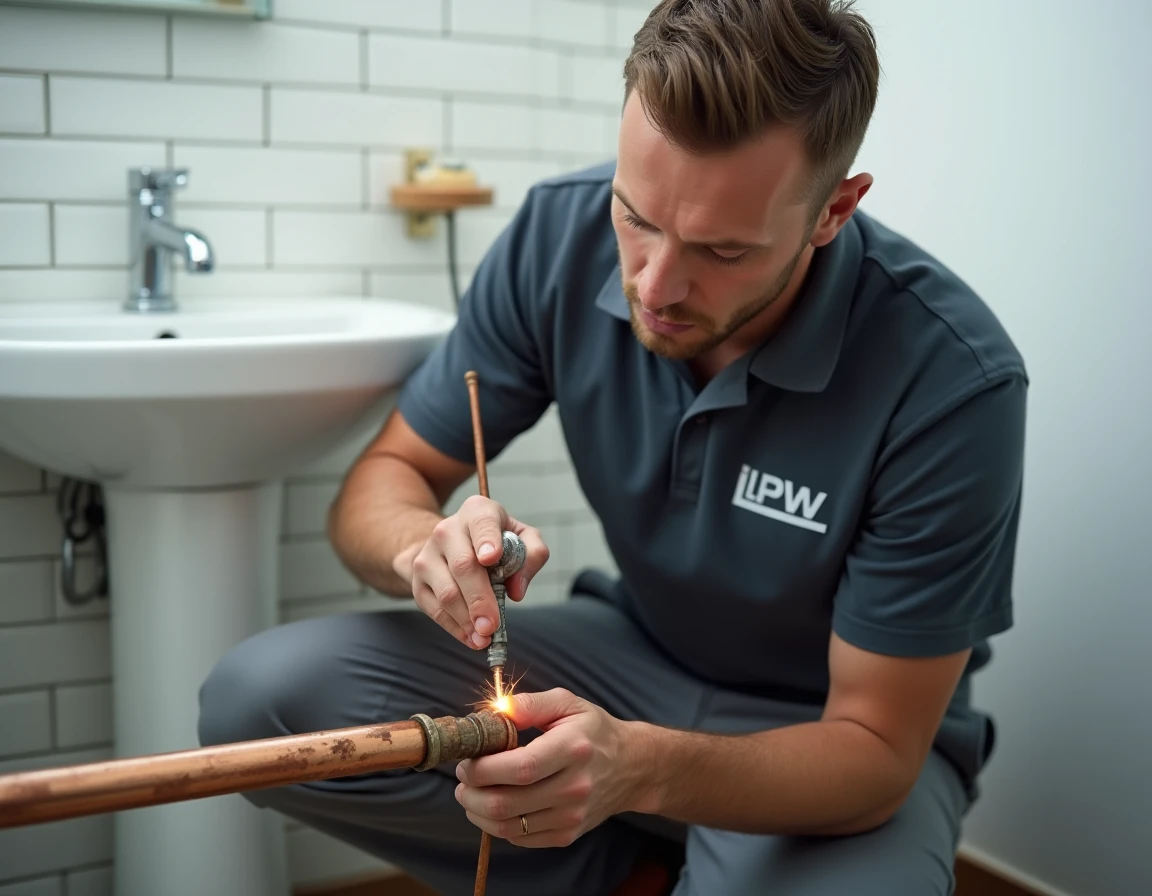 Technicien LPW en train de souder des joints de tuyauterie en cuivre dans une salle de bain résidentielle