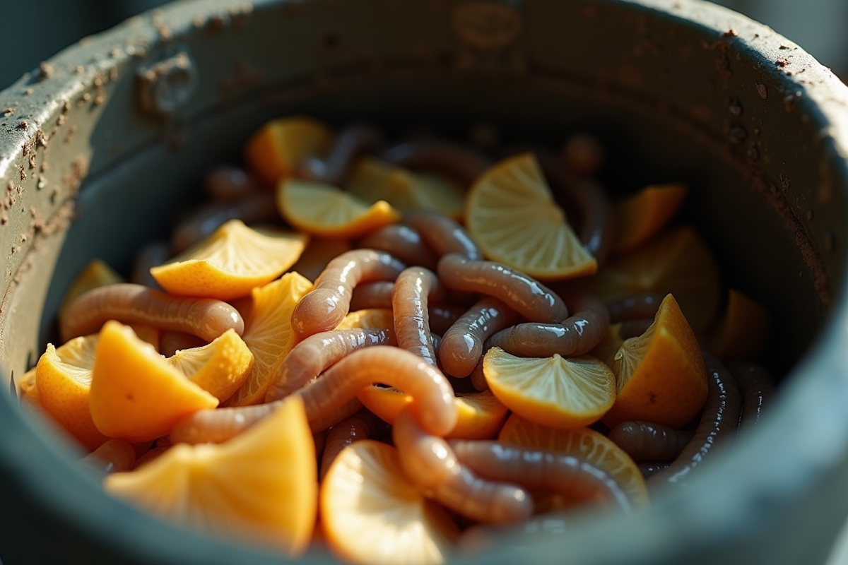 Gros plan sur des asticots sur des déchets de fruits
