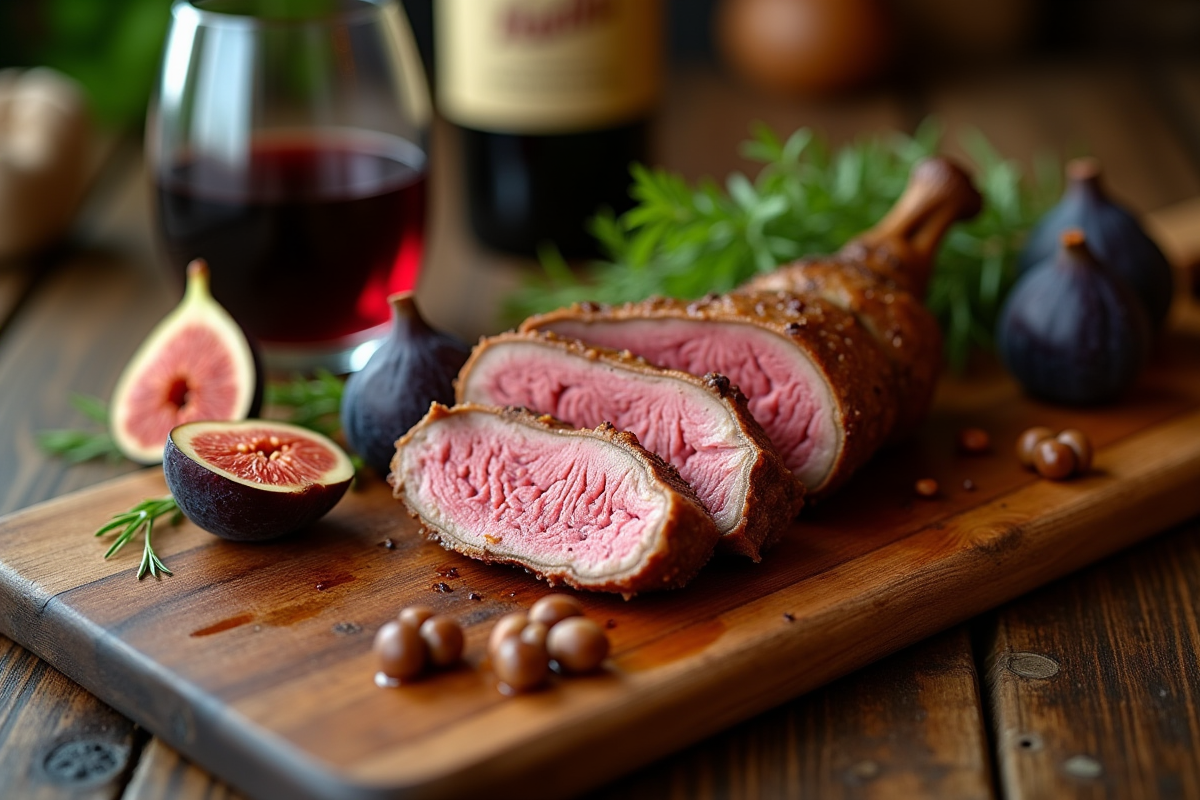 Gros plan sur magret de canard avec figues et vin rouge