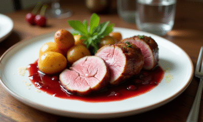 Magret de canard tranché avec sauce cerise sur assiette blanche