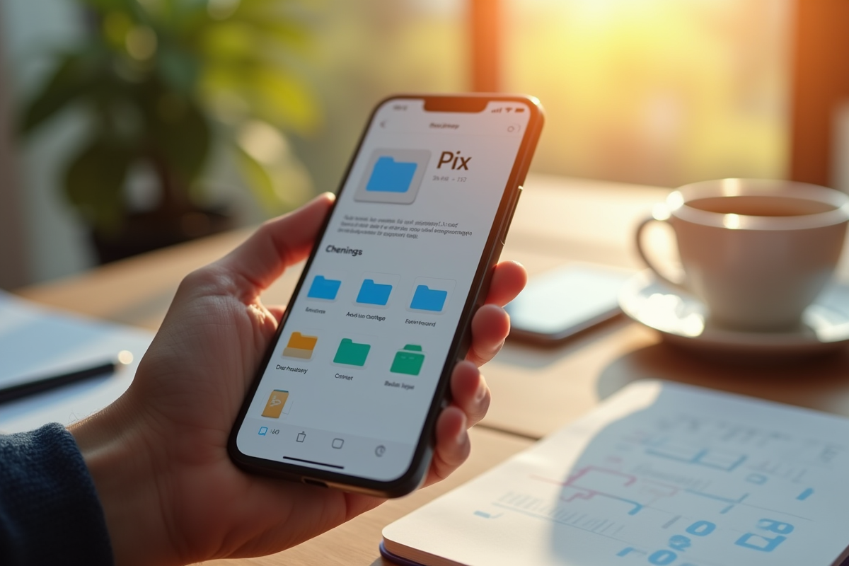 Main tenant un smartphone avec l application Pix en création de dossier