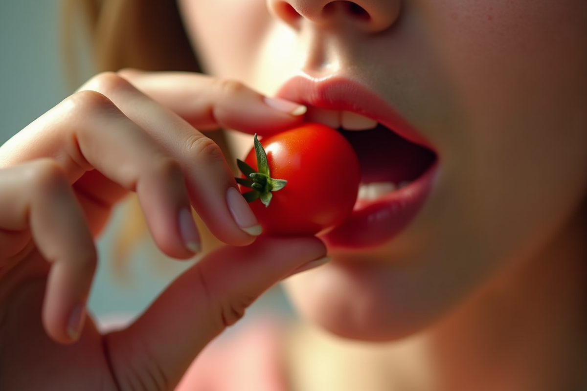 Main tenant une tomate cerise près de la bouche en gros plan