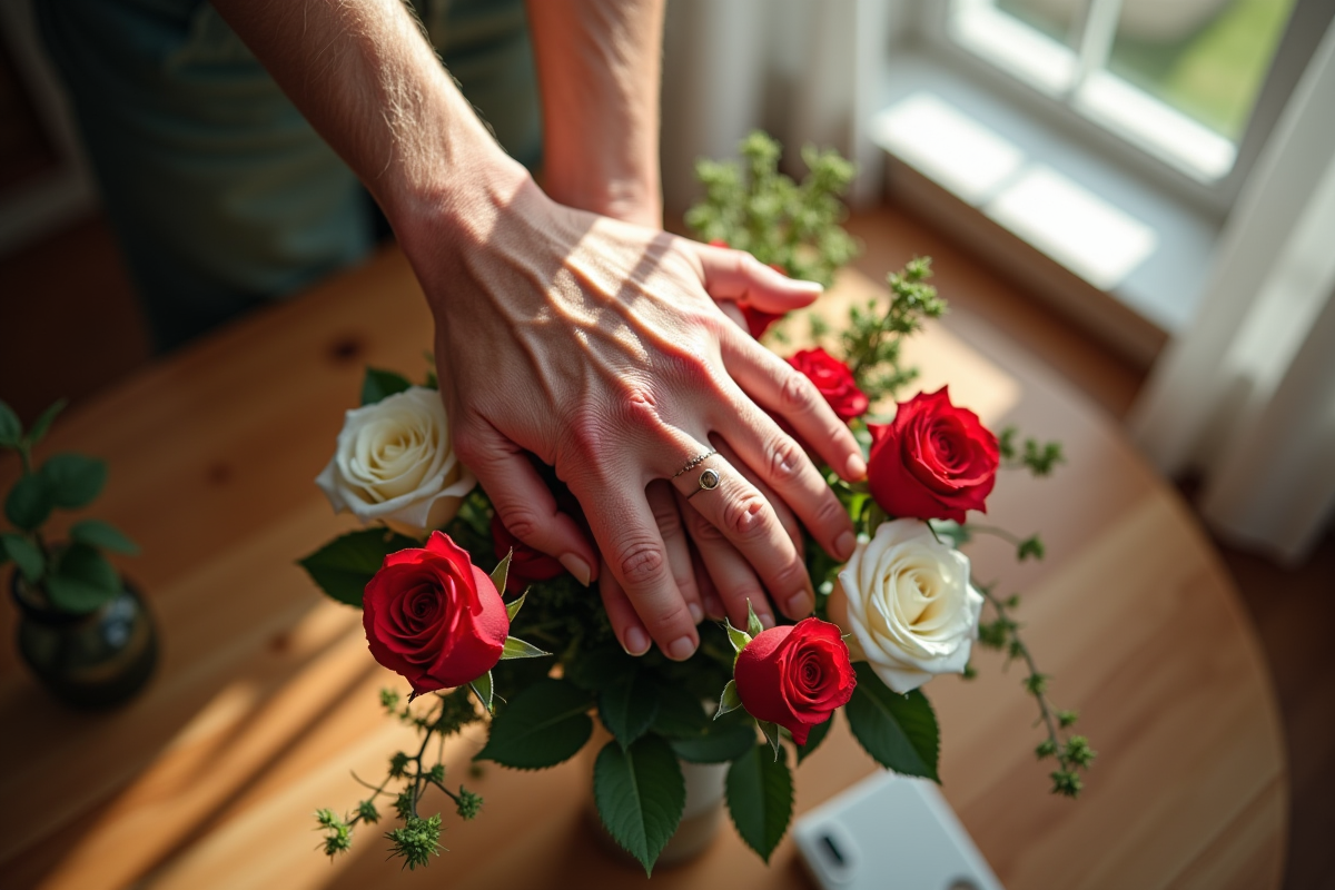 Mains âgées entrelacées avec roses blanches et rouges
