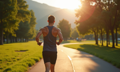 Personne marchant dans un parc au matin avec tracker de fitness