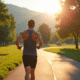 Personne marchant dans un parc au matin avec tracker de fitness