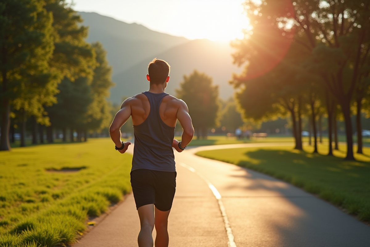 Personne marchant dans un parc au matin avec tracker de fitness