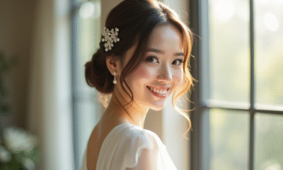 Mariée souriante avec coiffure chic à bob et perles