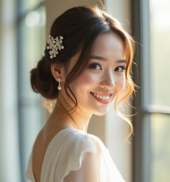Mariée souriante avec coiffure chic à bob et perles