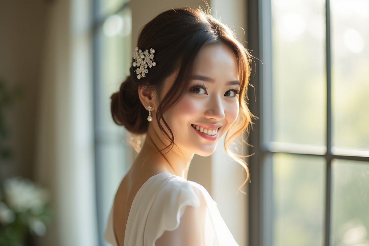 Mariée souriante avec coiffure chic à bob et perles