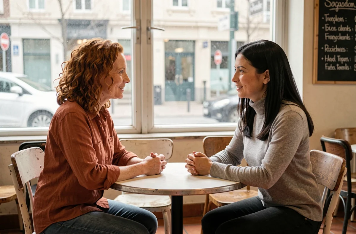 Deux femmes en conversation empathique et profonde dans un café, représentant la capacité relationnelle et émotionnelle du profil MBTI Protagoniste ENFJ
