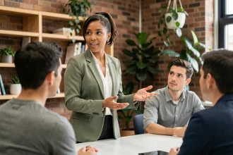Femme extravertie et charismatique animant une réunion dans un espace de co-working moderne, illustrant le profil MBTI Protagoniste ENFJ