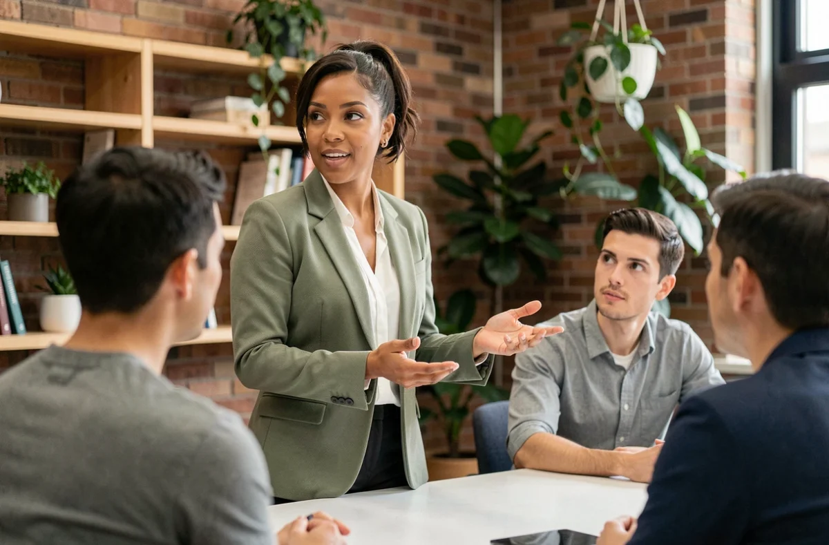 Femme extravertie et charismatique animant une réunion dans un espace de co-working moderne, illustrant le profil MBTI Protagoniste ENFJ