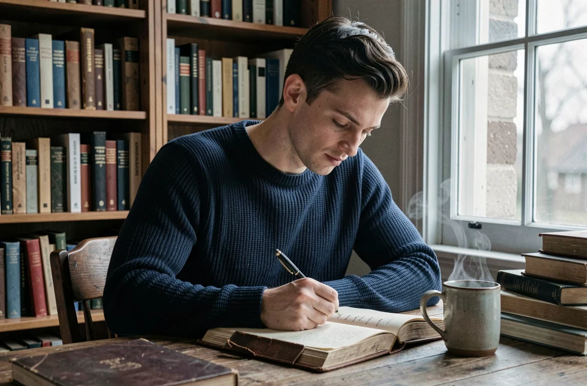 Homme introverti en pleine réflexion personnelle dans une bibliothèque calme, symbolisant la dimension introspective du type MBTI ENFJ Protagoniste