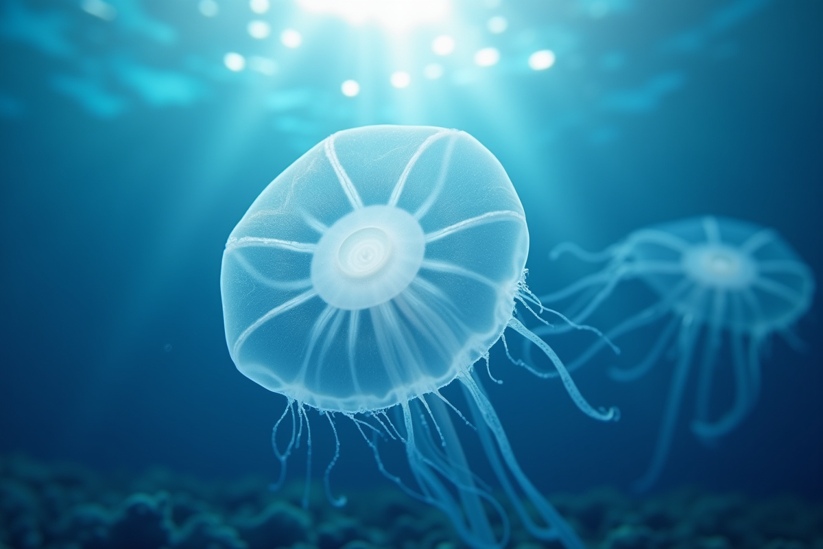 Méduse translucide nageant dans une eau bleue claire