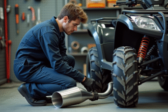 Mécanicien homme examine un échappement de quad en atelier